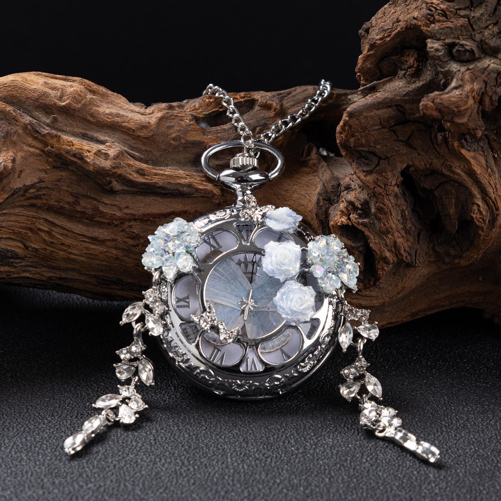 Oryeia Custom Real Butterfly Pocket Watch Necklace White