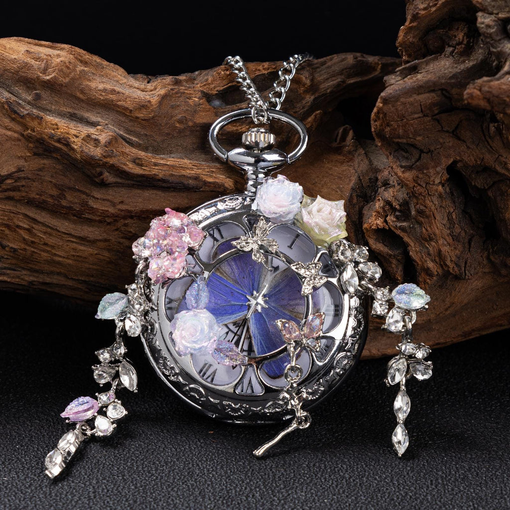 Oryeia Handmade Purple Butterfly Specimen Pocket Watch Necklace