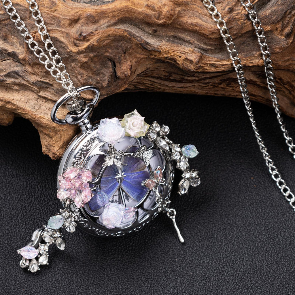 Oryeia Handmade Purple Butterfly Specimen Pocket Watch Necklace