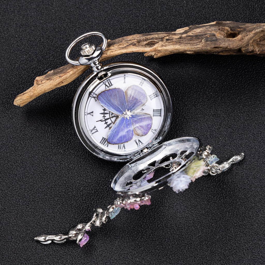 Oryeia Handmade Purple Butterfly Specimen Pocket Watch Necklace
