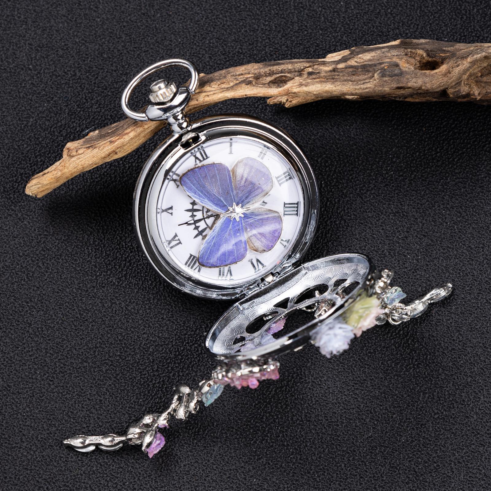 Oryeia Handmade Purple Butterfly Specimen Pocket Watch Necklace