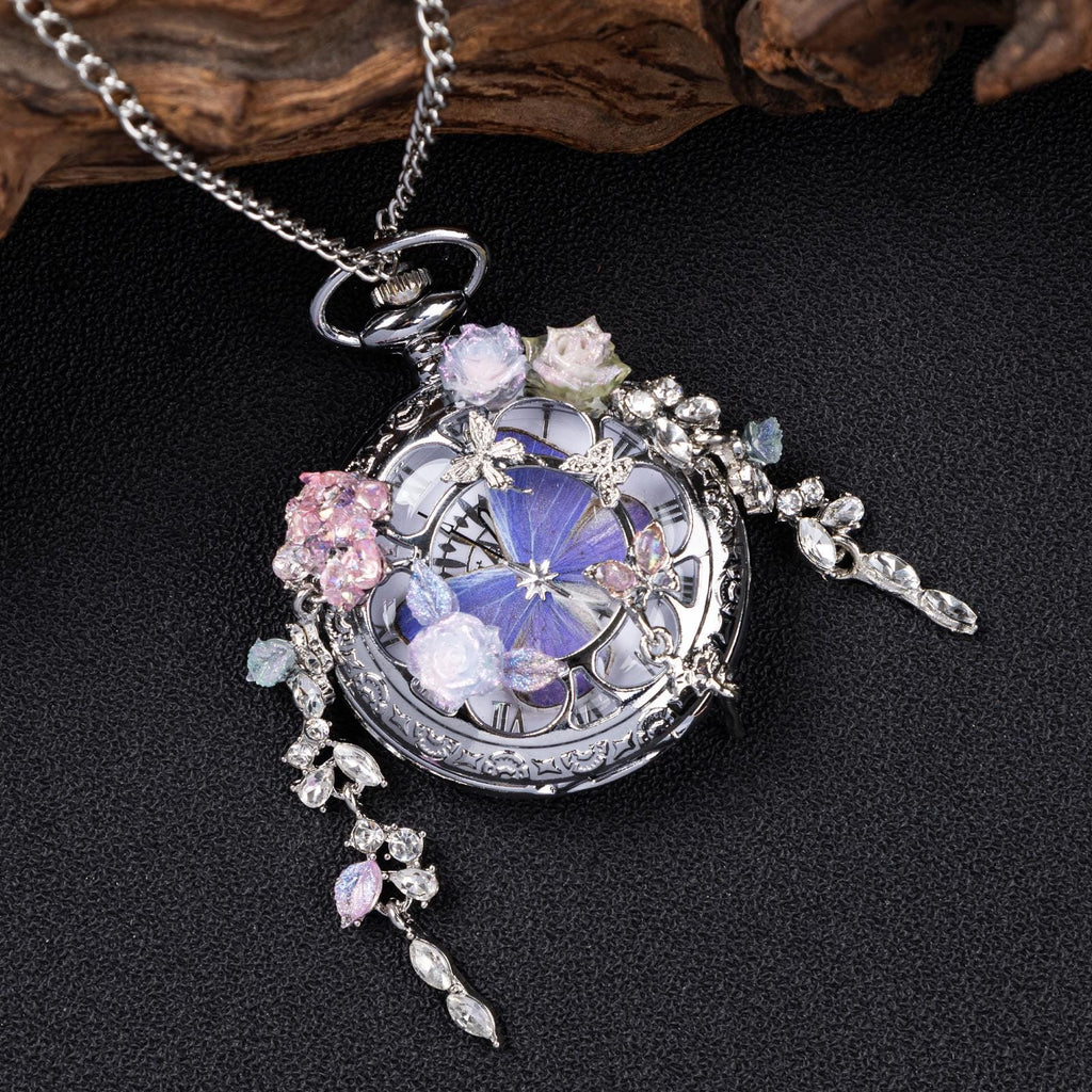 Oryeia Handmade Purple Butterfly Specimen Pocket Watch Necklace