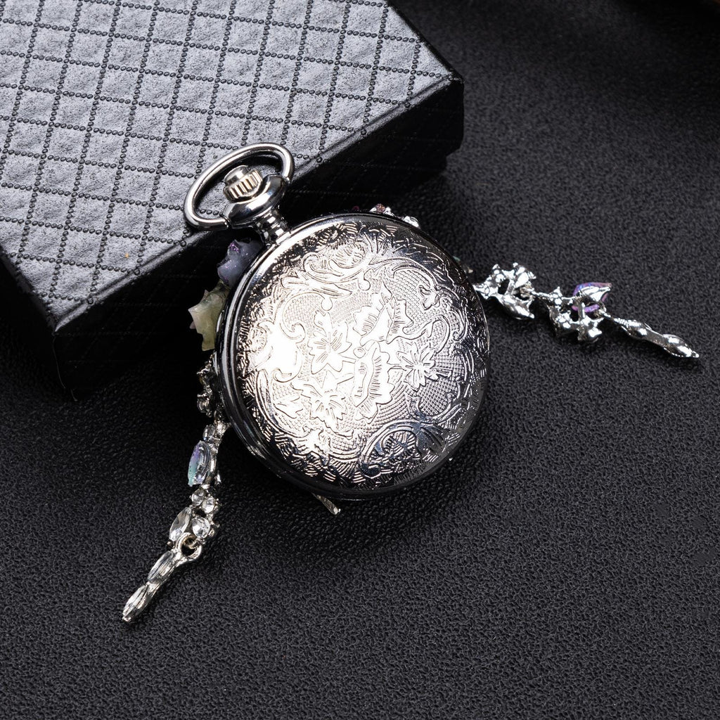 Oryeia Handmade Purple Butterfly Specimen Pocket Watch Necklace