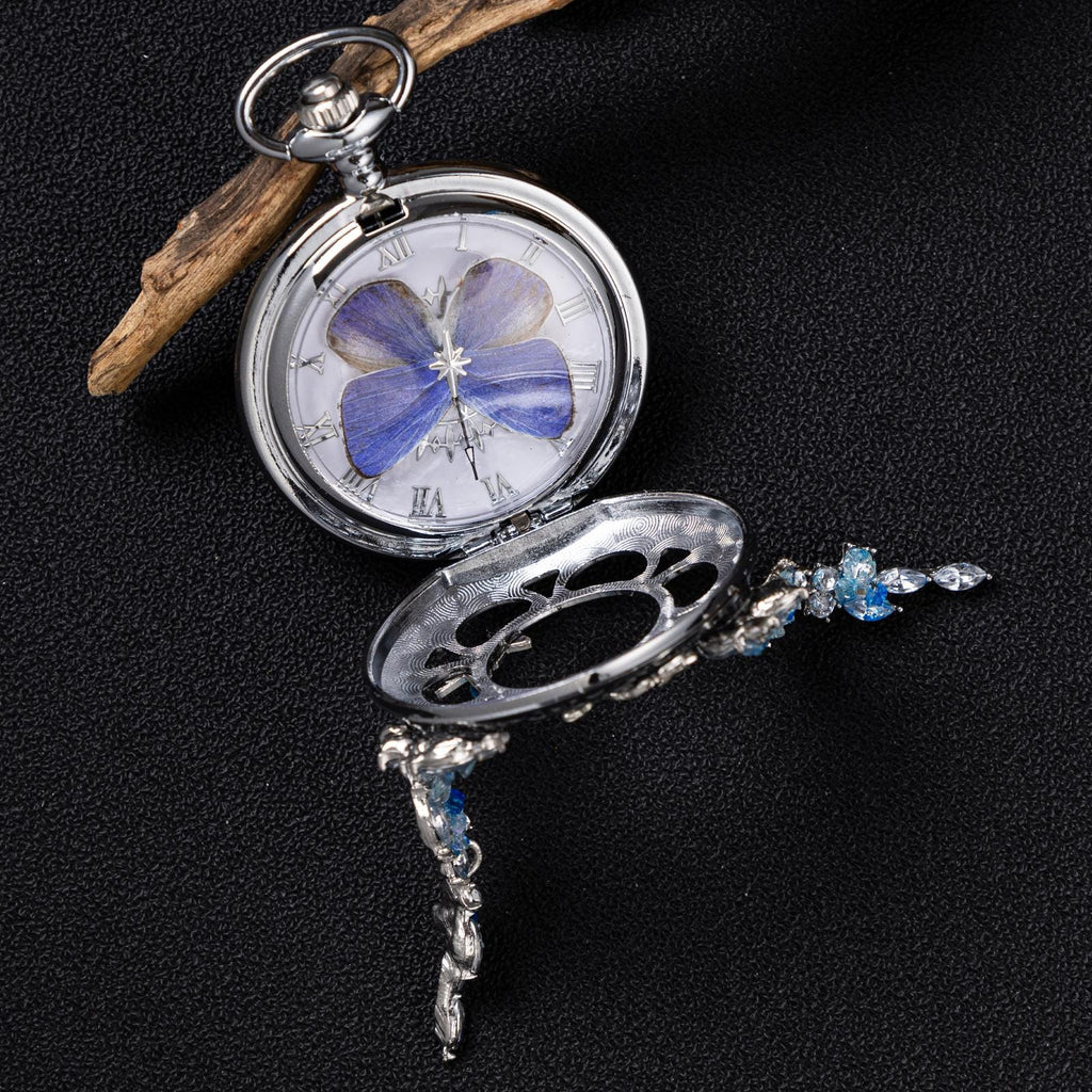 Oryeia Handmade Blue Butterfly Pocket Watch Necklace Real Specimen