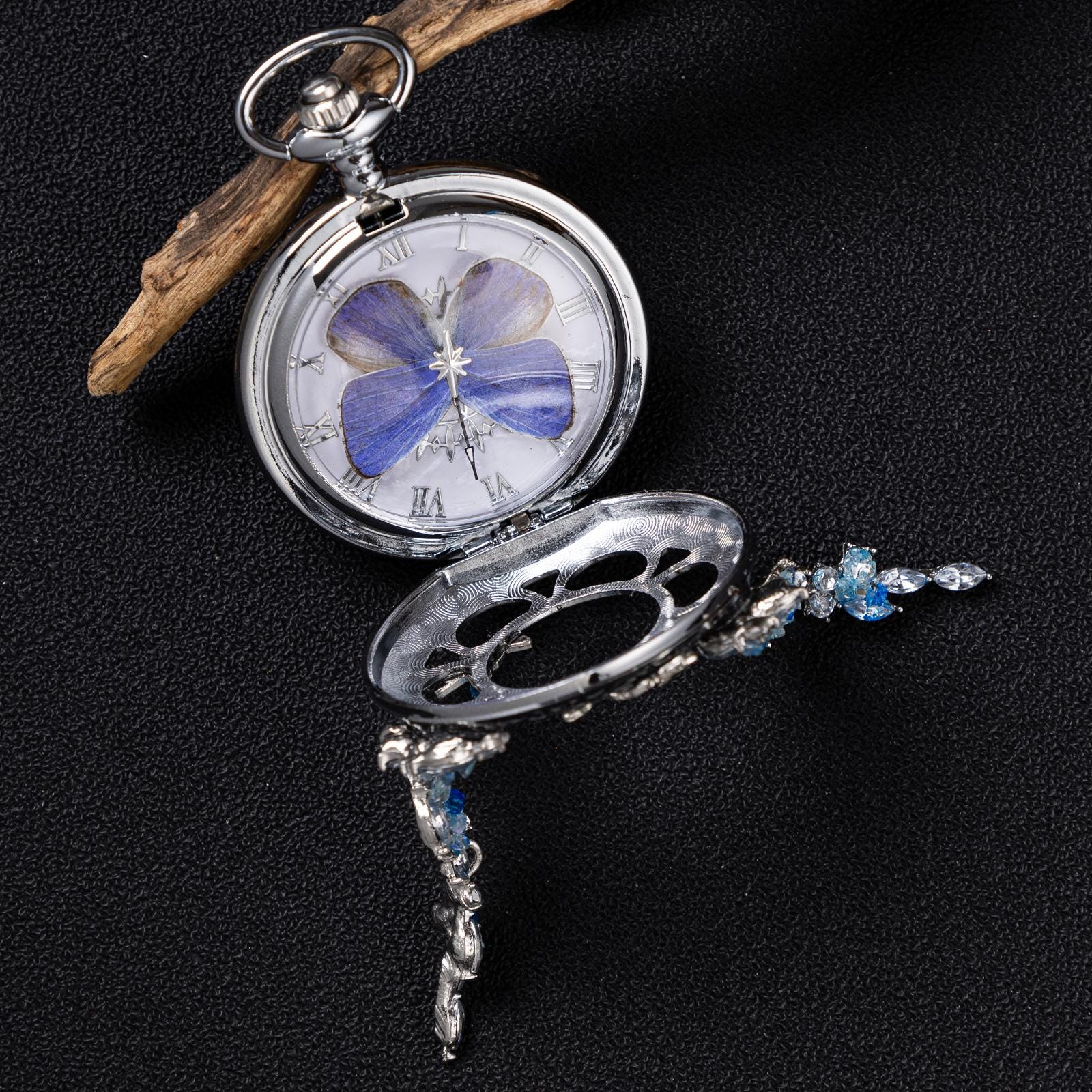Oryeia Handmade Blue Butterfly Pocket Watch Necklace Real Specimen