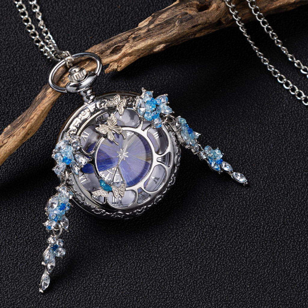 Oryeia Handmade Blue Butterfly Pocket Watch Necklace Real Specimen