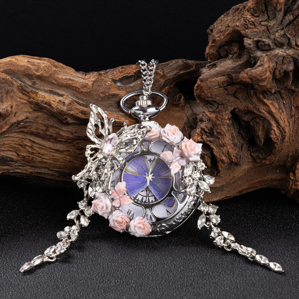 Oryeia Handmade Butterfly Pocket Watch Necklace Purple