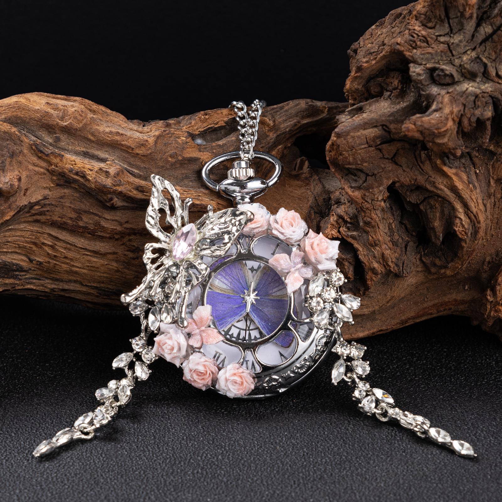 Oryeia Handmade Butterfly Pocket Watch Necklace Purple