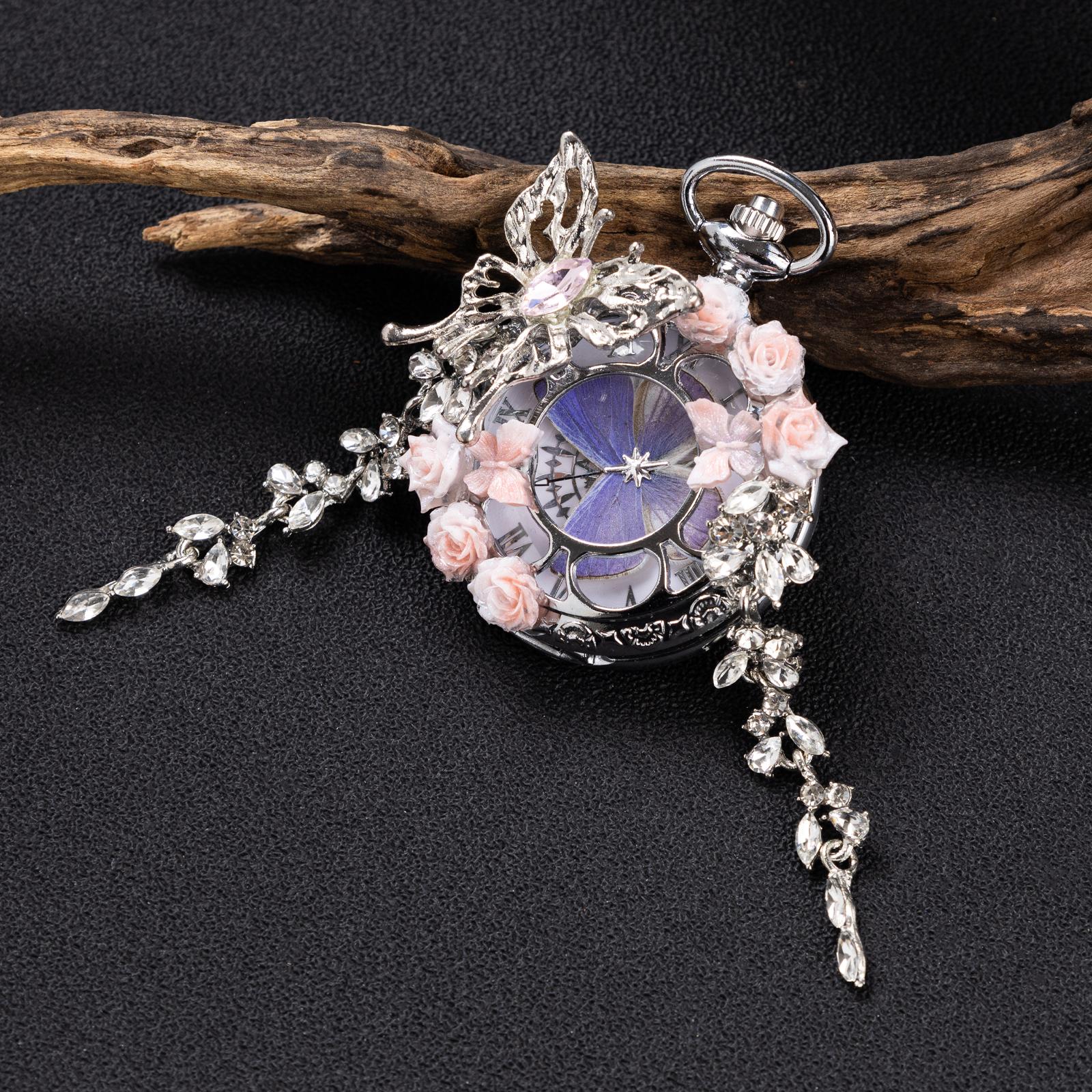 Oryeia Handmade Butterfly Pocket Watch Necklace Purple