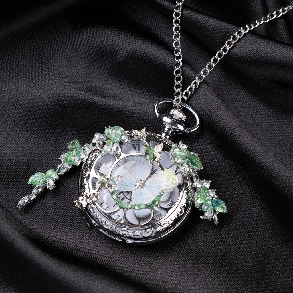 Oryeia Handmade White Butterfly Specimen Pocket Watch Green Crystal Necklace