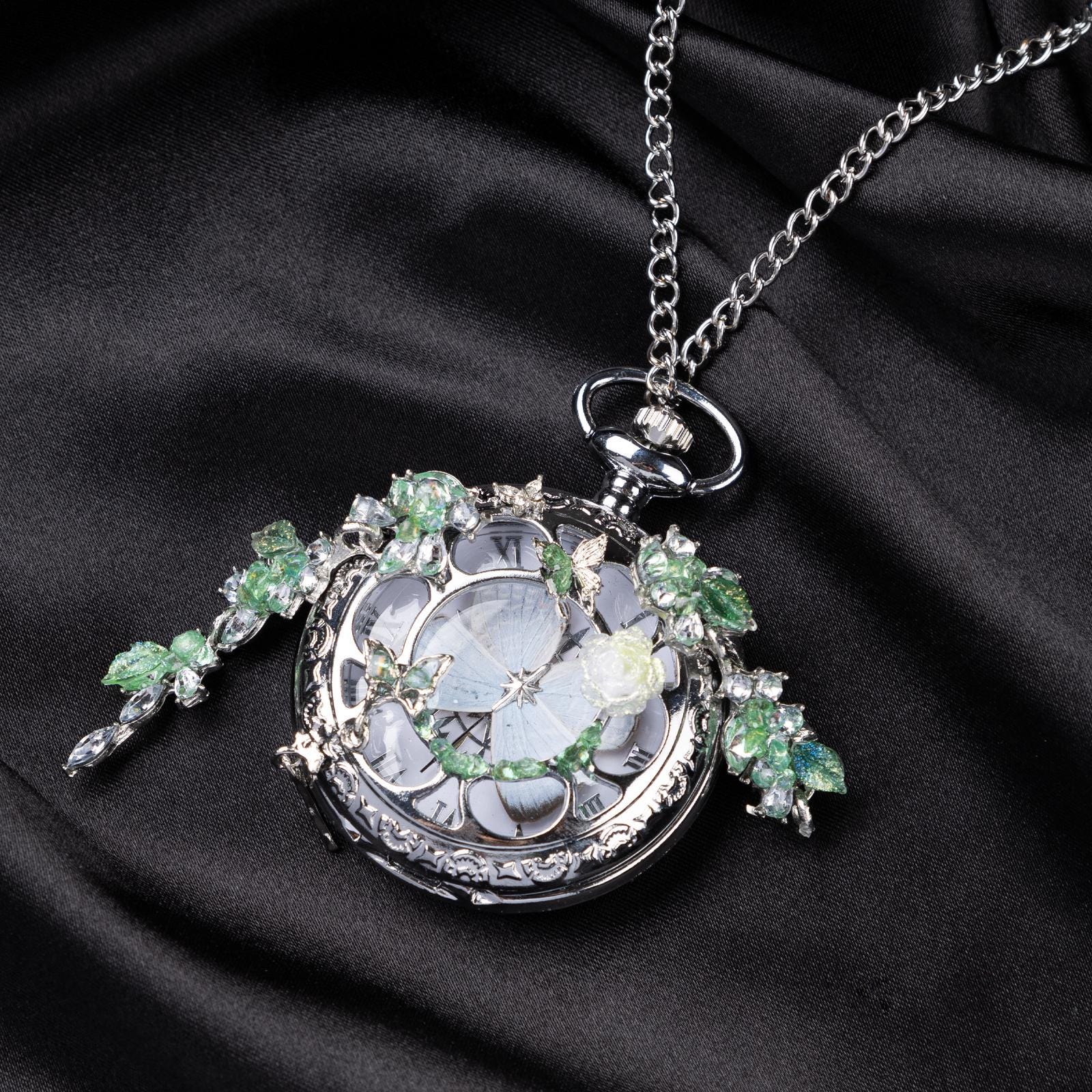 Oryeia Handmade White Butterfly Specimen Pocket Watch Green Crystal Necklace
