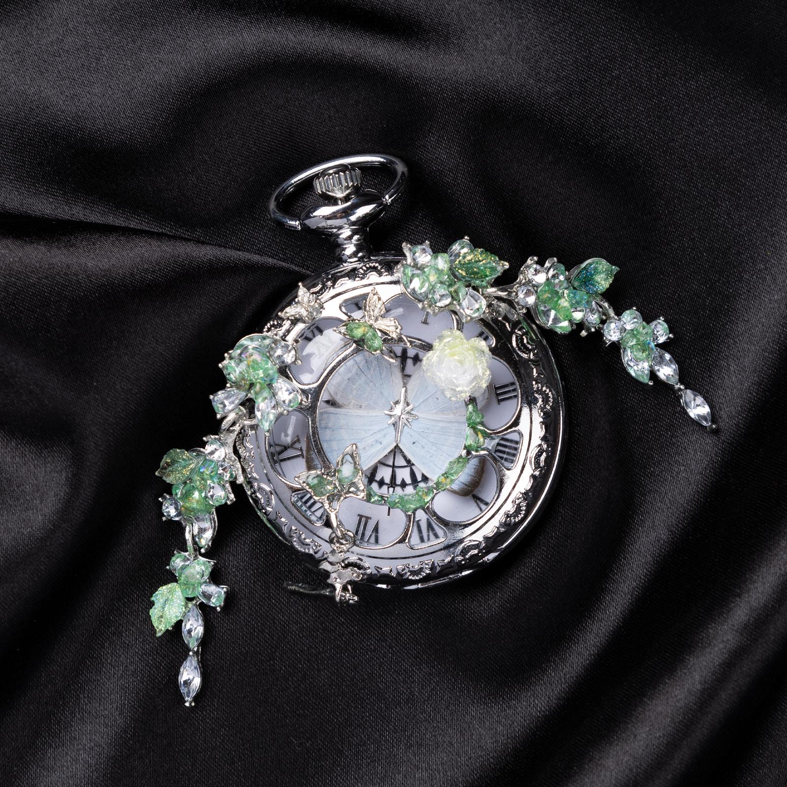 Oryeia Handmade White Butterfly Specimen Pocket Watch Green Crystal Necklace