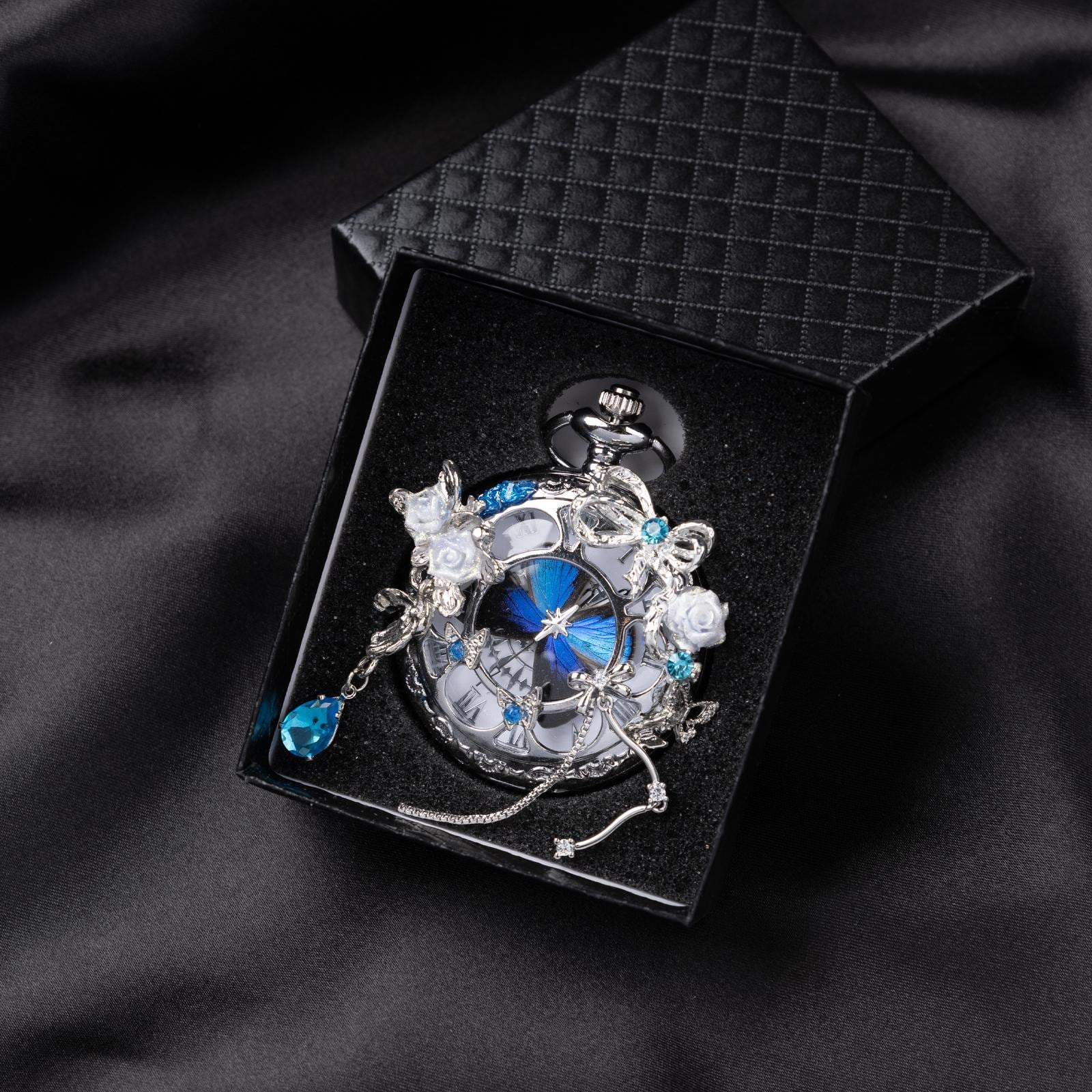 Oryeia Handmade Blue Morpho Butterfly Pocket Watch Silver Chain