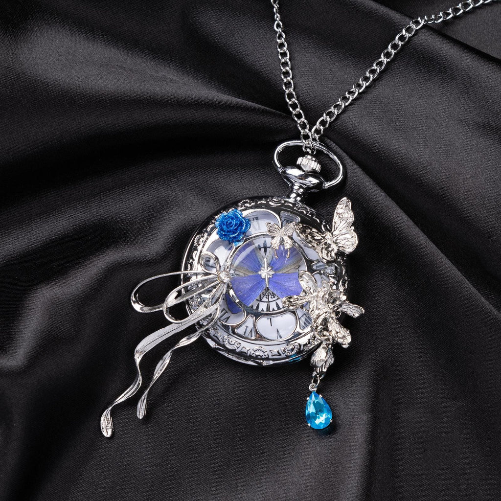 Oryeia Handmade Purple Butterfly Specimen Pocket Watch Necklace