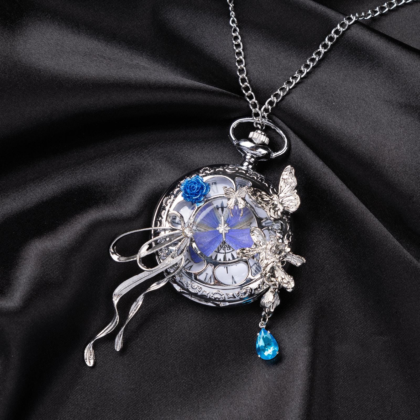 Oryeia Handmade Purple Butterfly Specimen Pocket Watch Necklace