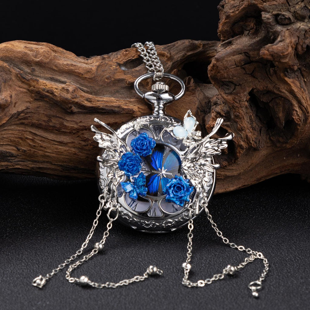 Oryeia Handmade Blue Butterfly Specimen Pocket Watch Necklace Pendant