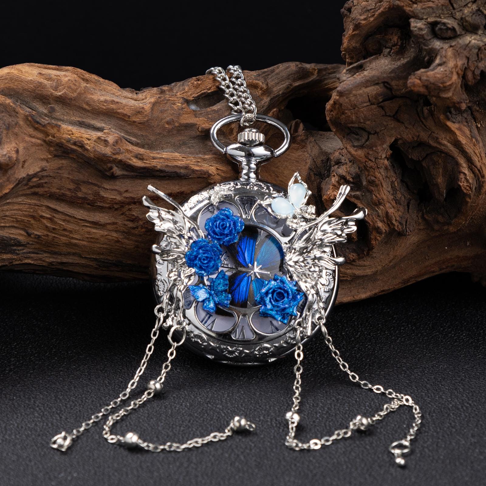 Oryeia Handmade Blue Butterfly Specimen Pocket Watch Necklace Pendant