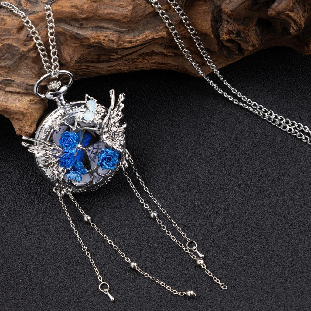 Oryeia Handmade Blue Butterfly Specimen Pocket Watch Necklace Pendant