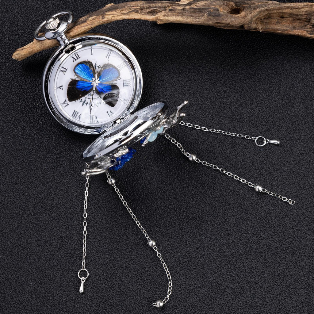 Oryeia Handmade Blue Butterfly Specimen Pocket Watch Necklace Pendant