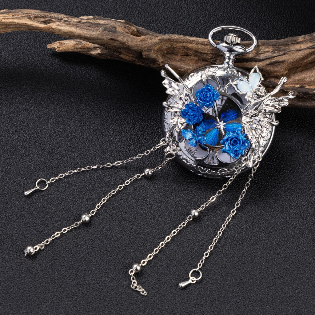 Oryeia Handmade Blue Butterfly Specimen Pocket Watch Necklace Pendant
