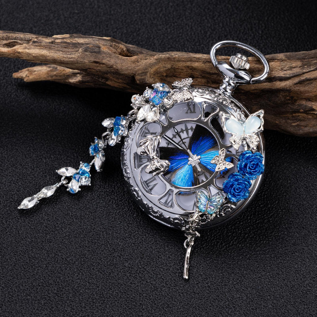 Oryeia Handmade Blue Butterfly Pocket Watch Necklace With Crystal Tassels