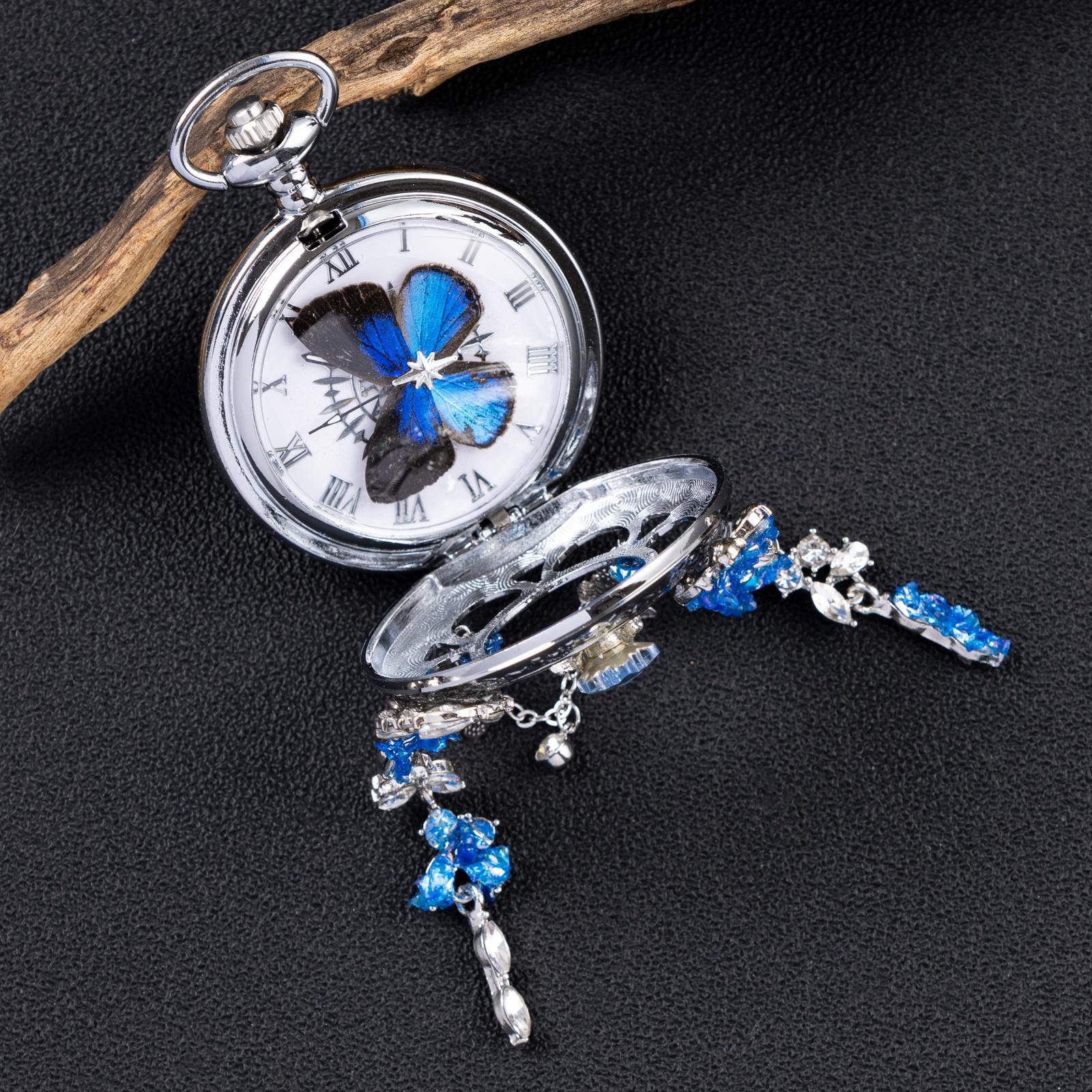 Oryeia Jeweled Butterfly Pocket Watch Blue Morpho Specimen