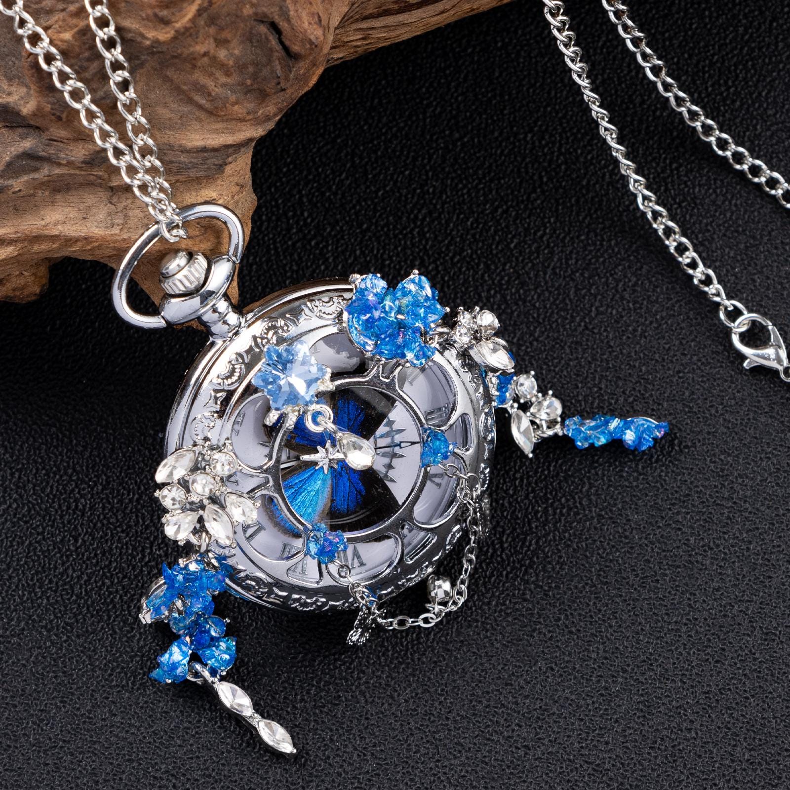 Oryeia Jeweled Butterfly Pocket Watch Blue Morpho Specimen