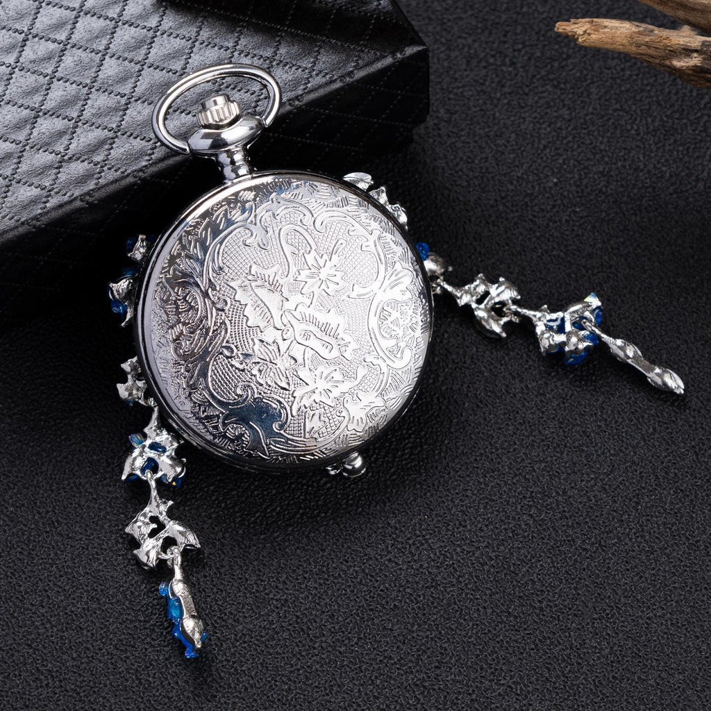 Oryeia Jeweled Butterfly Pocket Watch Blue Morpho Specimen