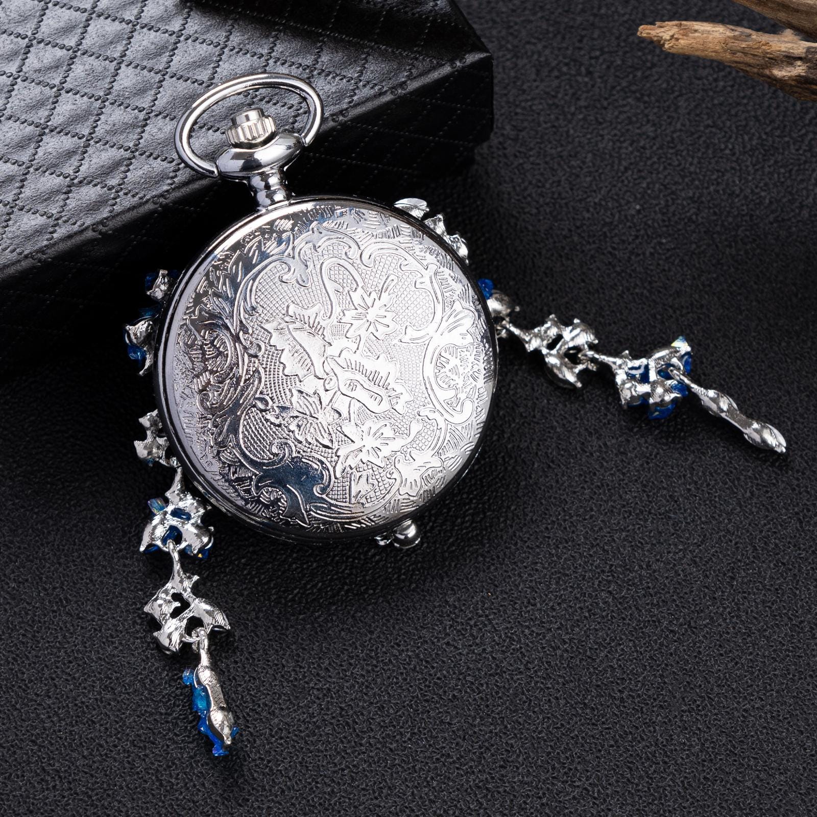 Oryeia Jeweled Butterfly Pocket Watch Blue Morpho Specimen