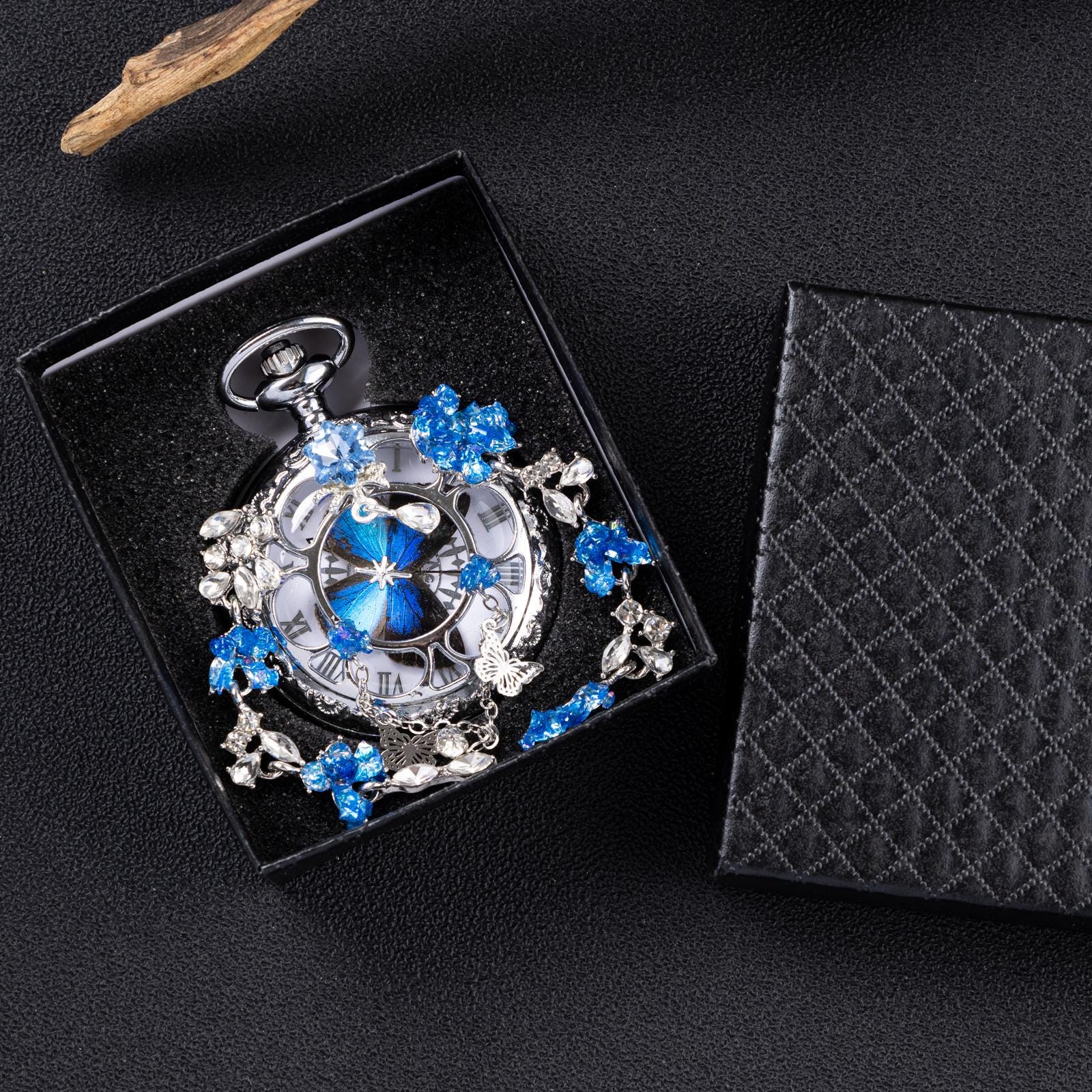 Oryeia Jeweled Butterfly Pocket Watch Blue Morpho Specimen