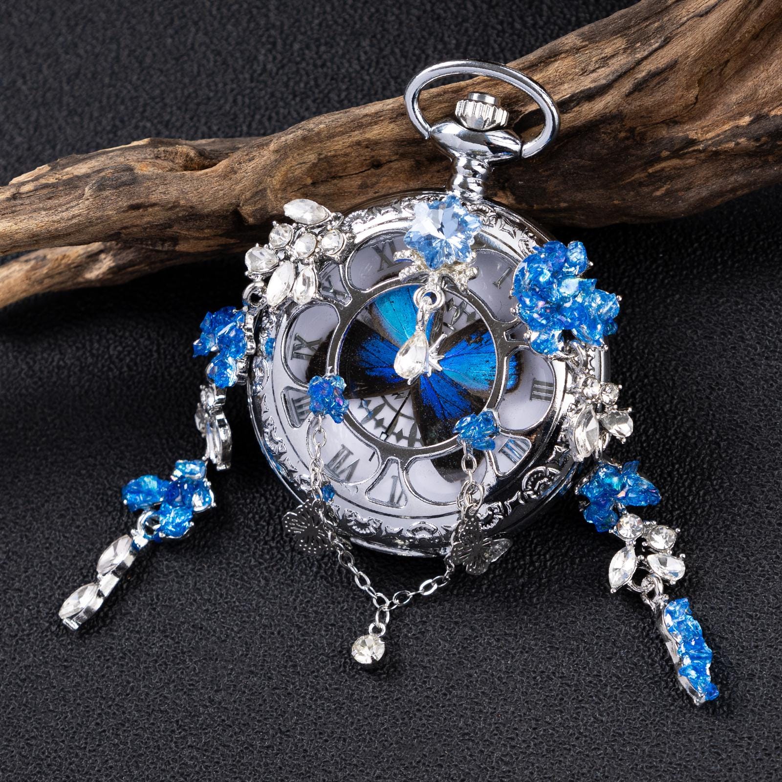 Oryeia Jeweled Butterfly Pocket Watch Blue Morpho Specimen