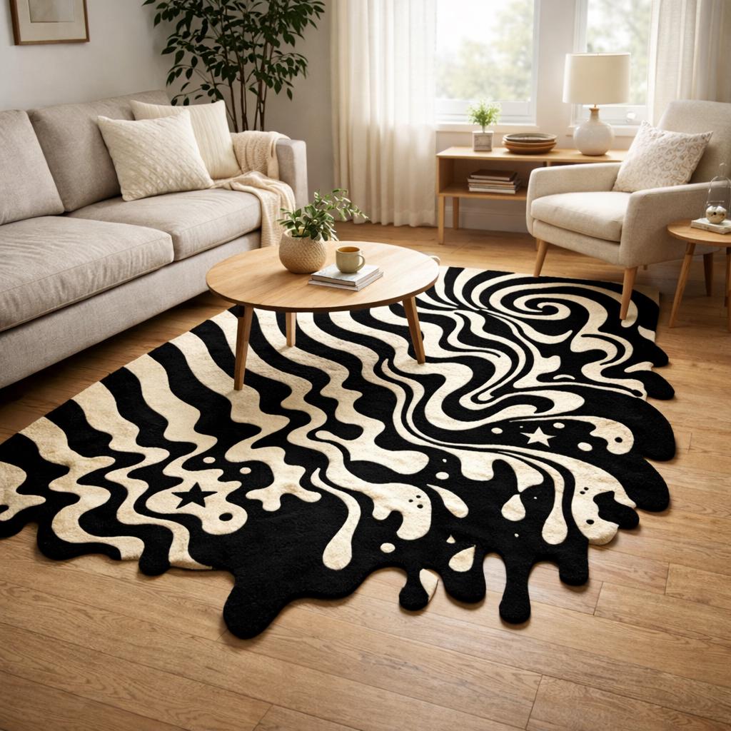 RugverseCreations Melting Wave Hand Tufted Area Rug Black Cream