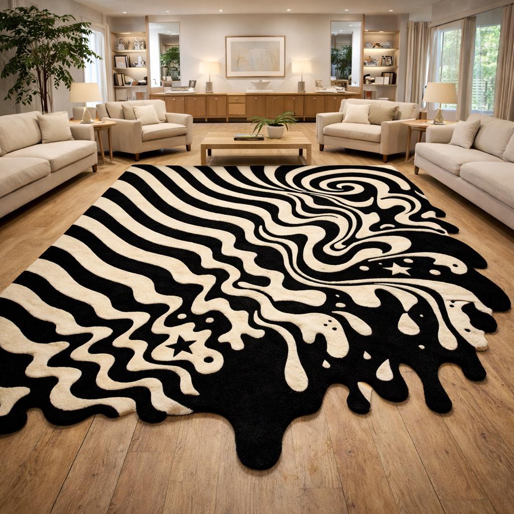 RugverseCreations Melting Wave Hand Tufted Area Rug Black Cream