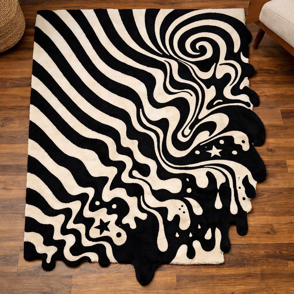 RugverseCreations Melting Wave Hand Tufted Area Rug Black Cream