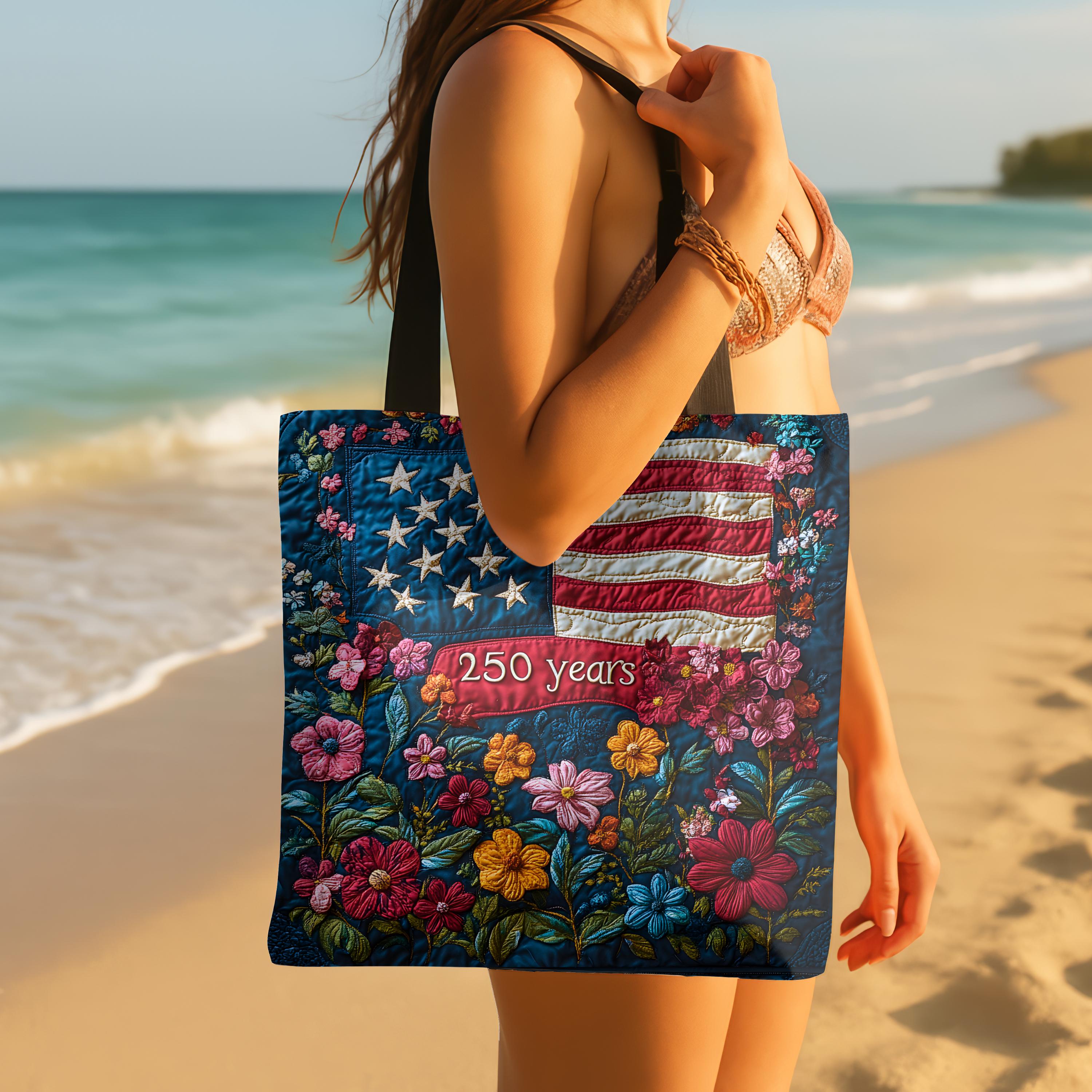 Patriotic Floral Tote Bag American Flag 250 Years Vintage Gift Independence Day Shopping Bag