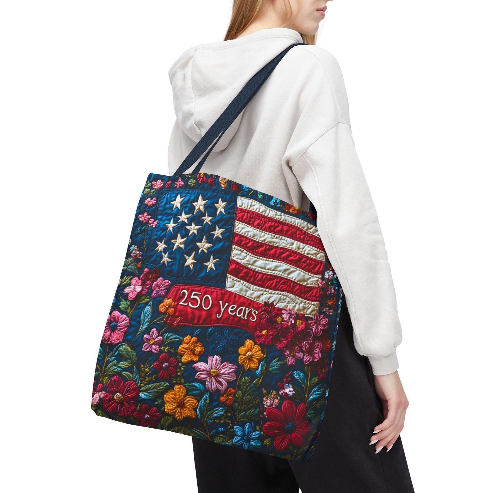 Patriotic Floral Tote Bag American Flag 250 Years Vintage Gift Independence Day Shopping Bag