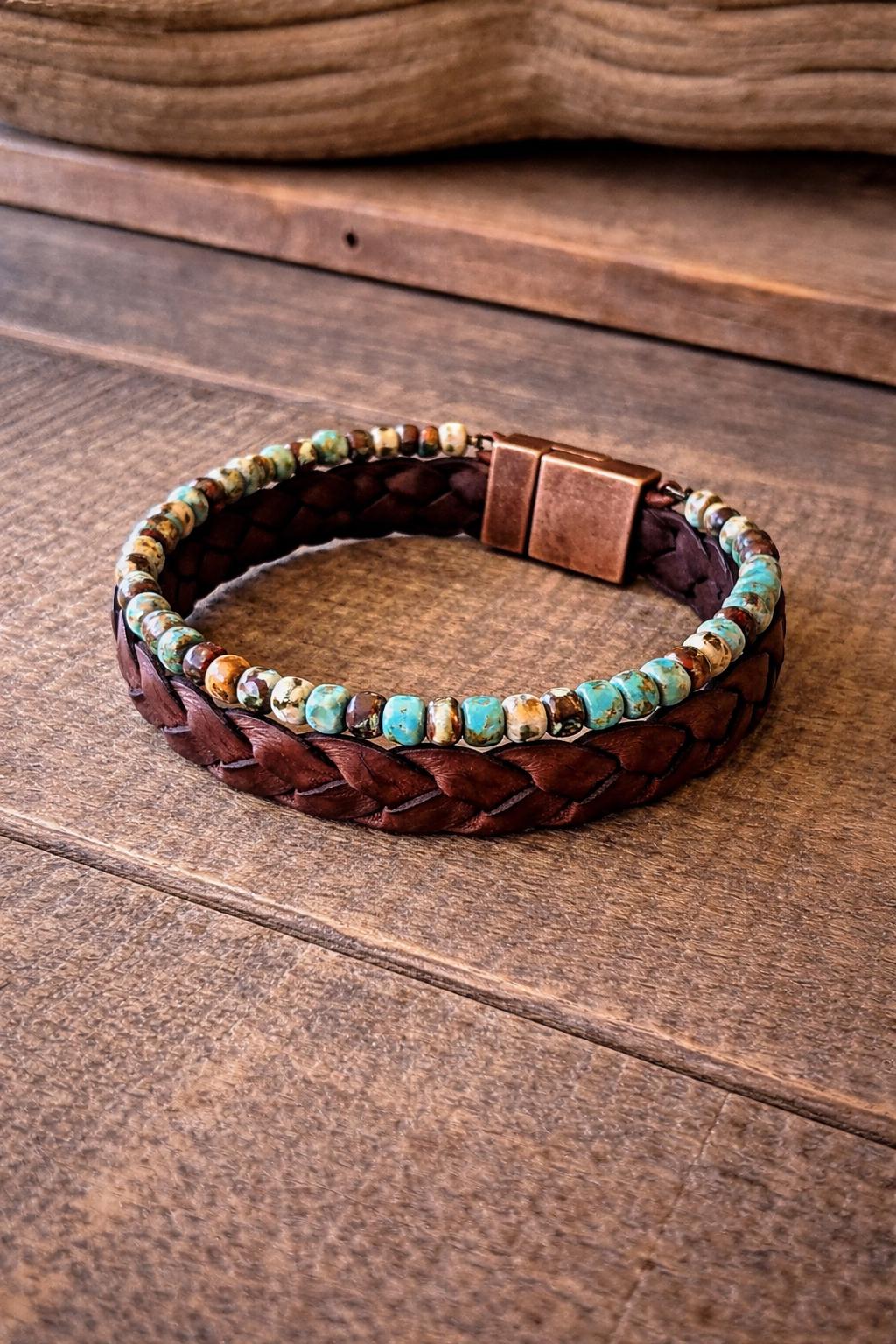 Handmade Leather & Turquoise Blue Bead Bracelet – Rustic Boho Style