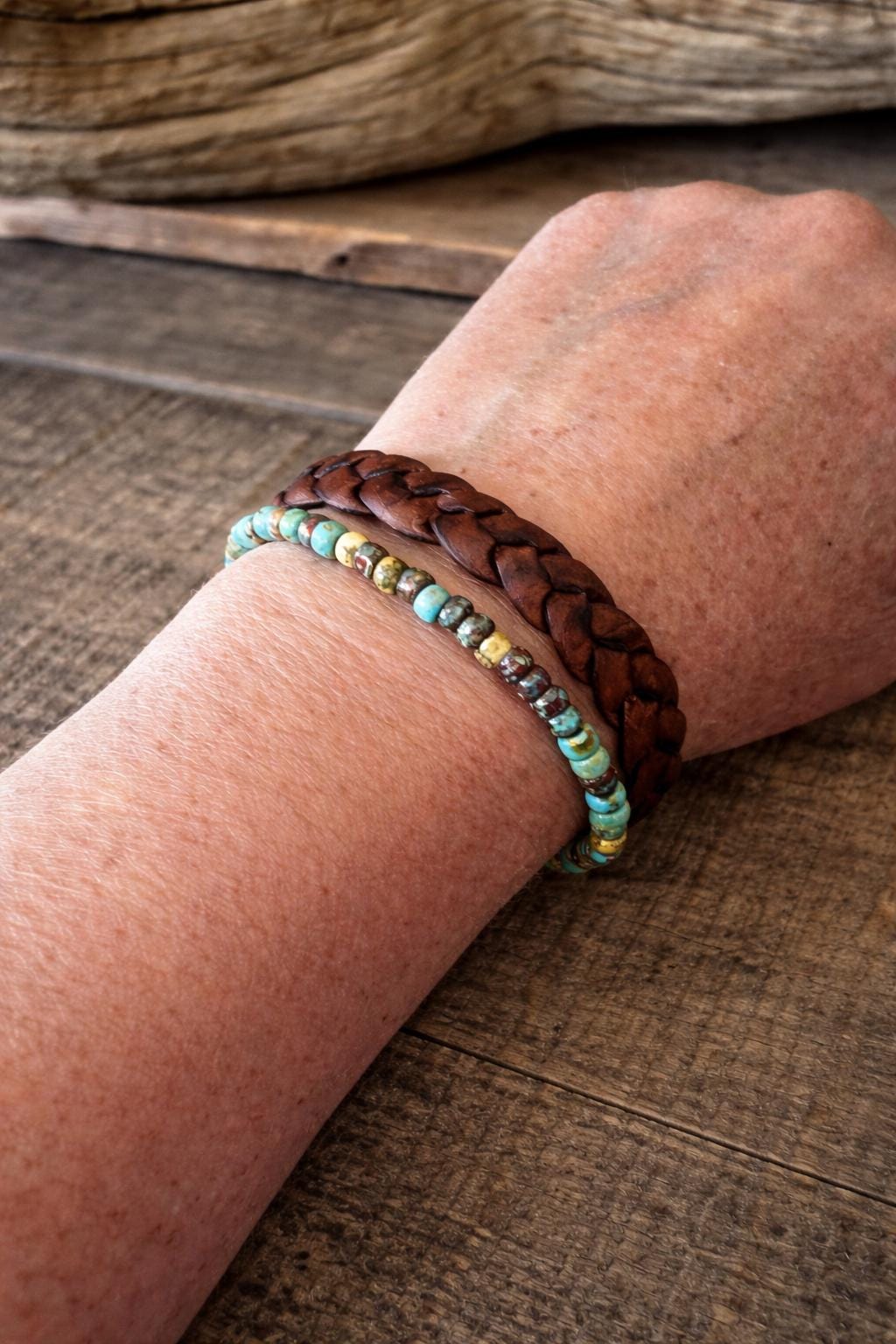 Handmade Leather & Turquoise Blue Bead Bracelet – Rustic Boho Style
