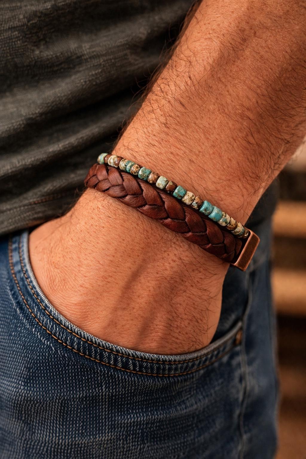 Handmade Leather & Turquoise Blue Bead Bracelet – Rustic Boho Style