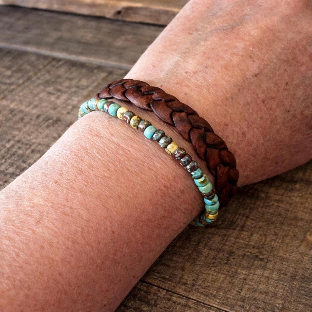 Handmade Leather & Turquoise Blue Bead Bracelet – Rustic Boho Style