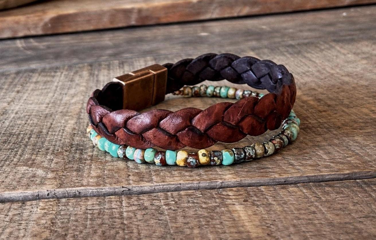 Handmade Leather & Turquoise Blue Bead Bracelet – Rustic Boho Style