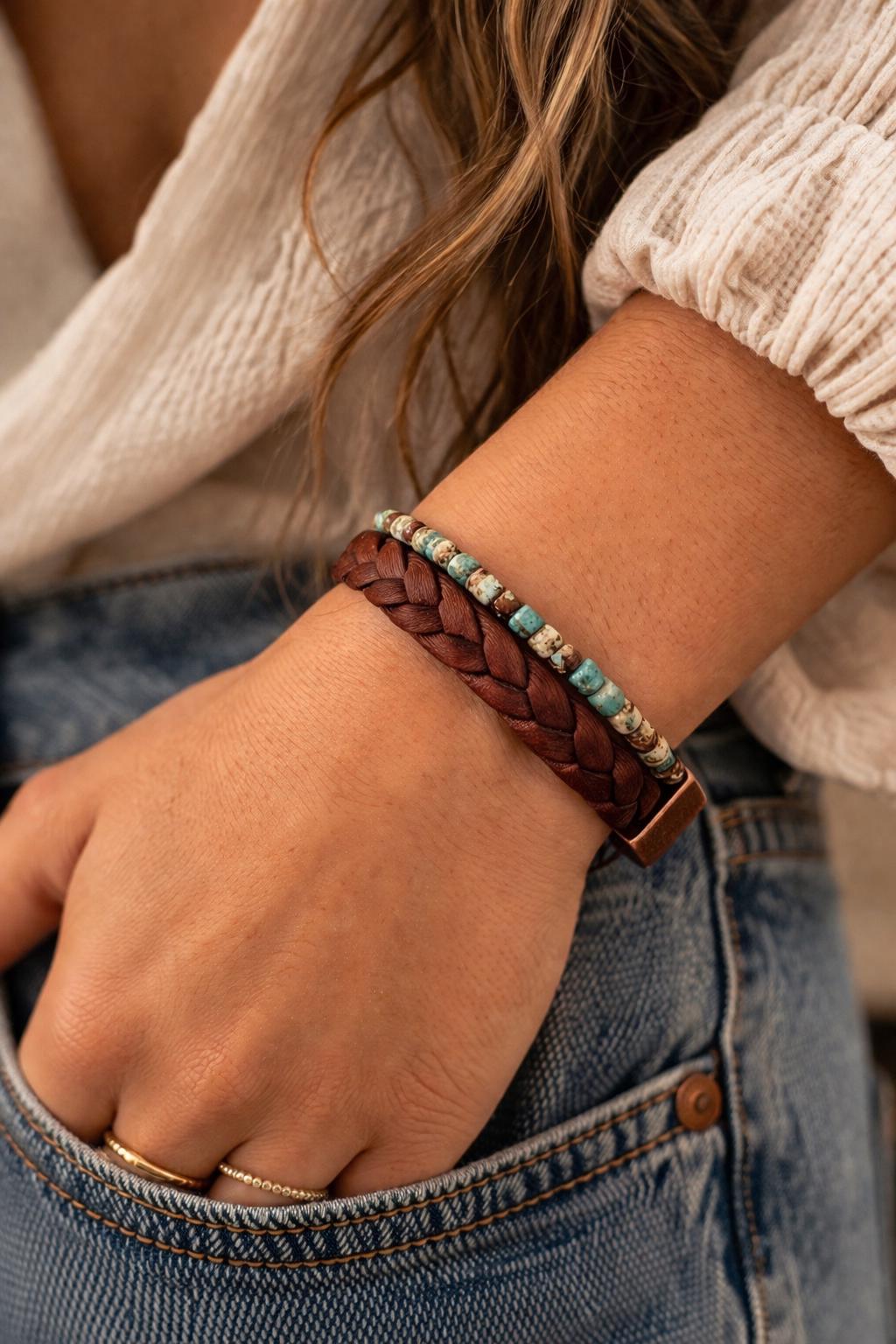 Handmade Leather & Turquoise Blue Bead Bracelet – Rustic Boho Style