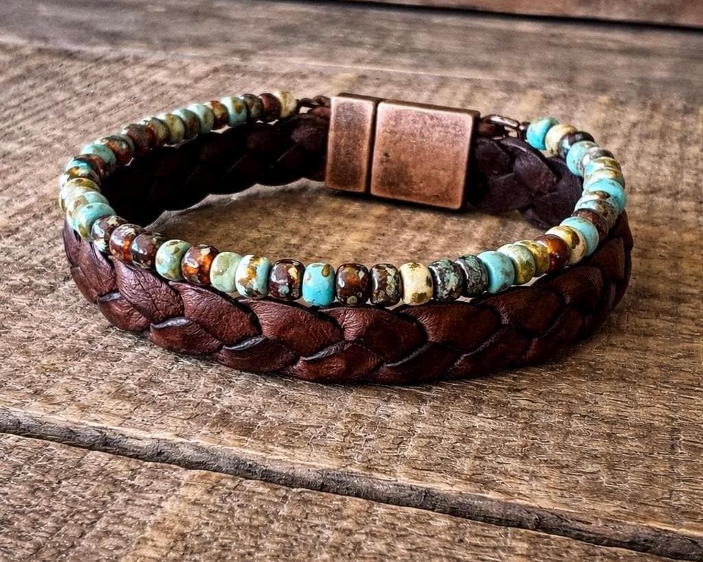 Handmade Leather & Turquoise Blue Bead Bracelet – Rustic Boho Style