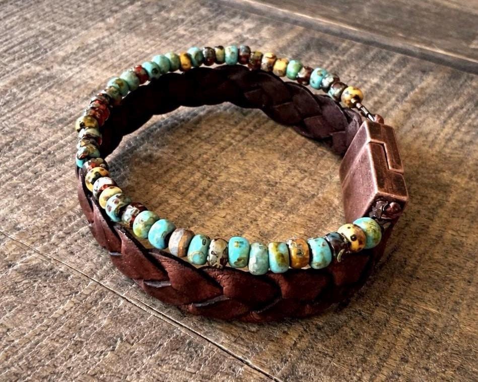 Handmade Leather & Turquoise Blue Bead Bracelet – Rustic Boho Style