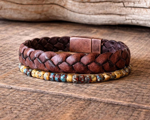 BohoWrapFrancesca Braided Leather and Beaded Bracelet Set with Magnetic Clasp