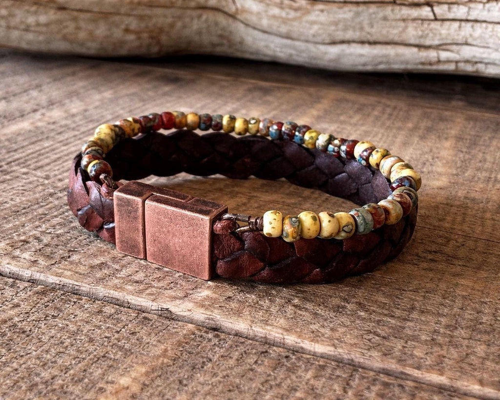 BohoWrapFrancesca Braided Leather and Beaded Bracelet Set with Magnetic Clasp