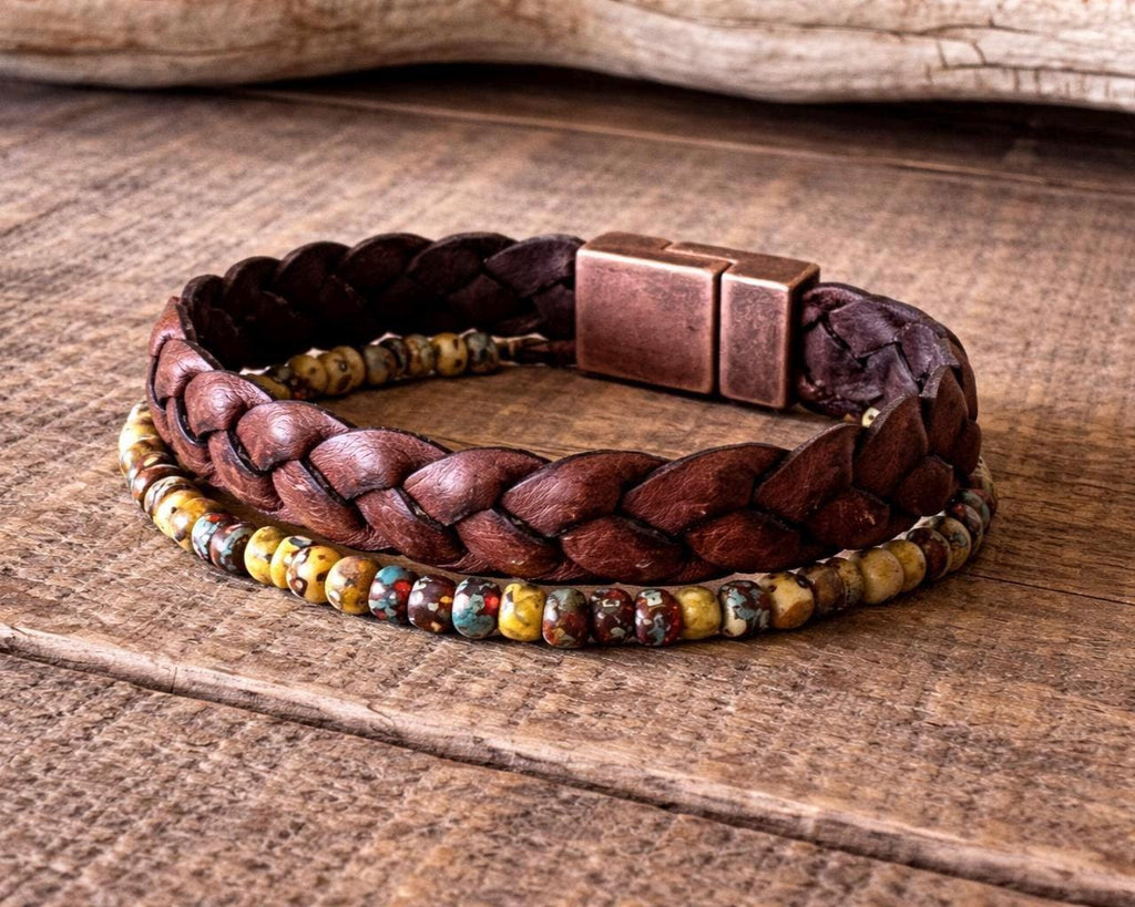 BohoWrapFrancesca Braided Leather and Beaded Bracelet Set with Magnetic Clasp