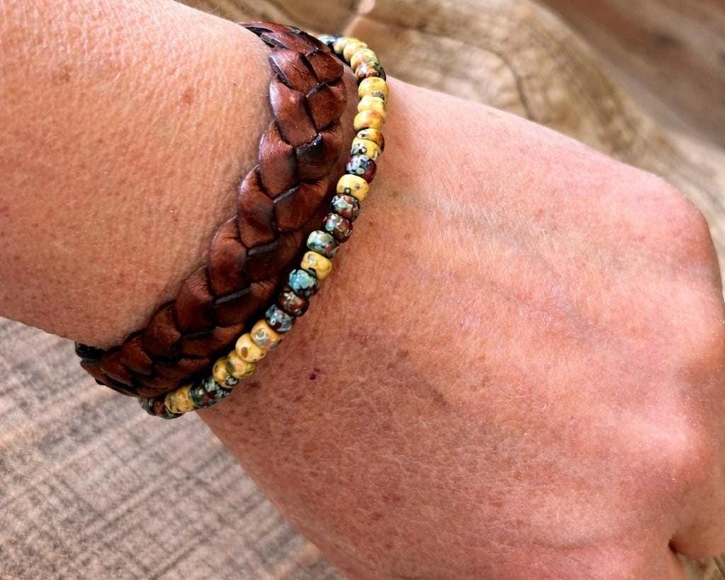 BohoWrapFrancesca Braided Leather and Beaded Bracelet Set with Magnetic Clasp