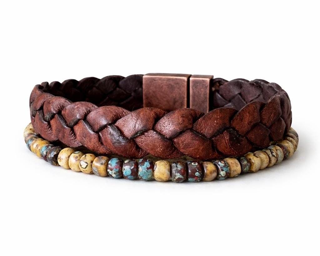 BohoWrapFrancesca Braided Leather and Beaded Bracelet Set with Magnetic Clasp
