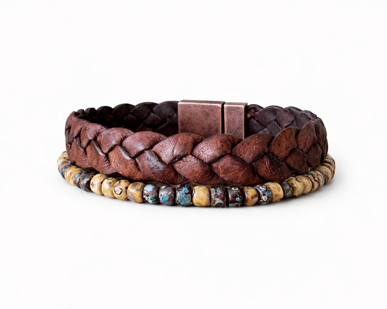BohoWrapFrancesca Braided Leather and Beaded Bracelet Set with Magnetic Clasp
